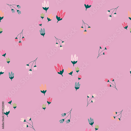 Trendy, lilac, seamless print spaced out conversational  pattern with colorful doodle flowers