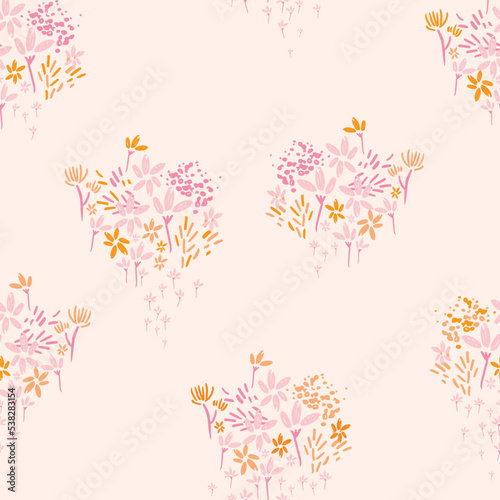 Off white, beige seamless print spaced out conversational pattern with colorful spaced out random, fading doodle flowers, stems and petals and clusters