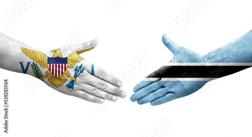 Handshake between Botswana and Virgin Islands flags painted on hands, isolated transparent image.