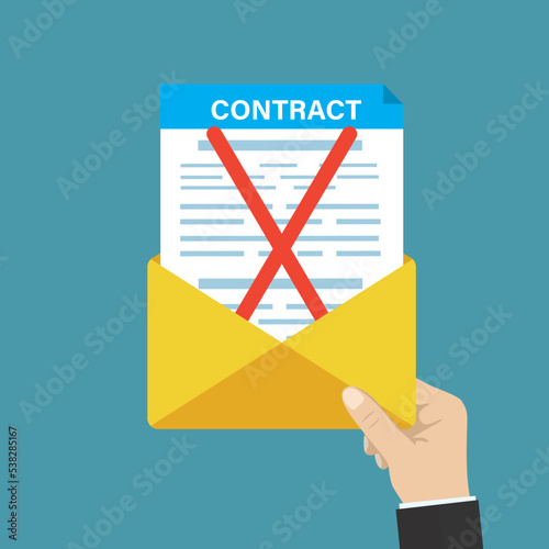Contract cancellation, business concept. Employee hand holds terminated tearing contract paper sheet in mail envelope. Cancellation of partnership or employment contract. Mail notification