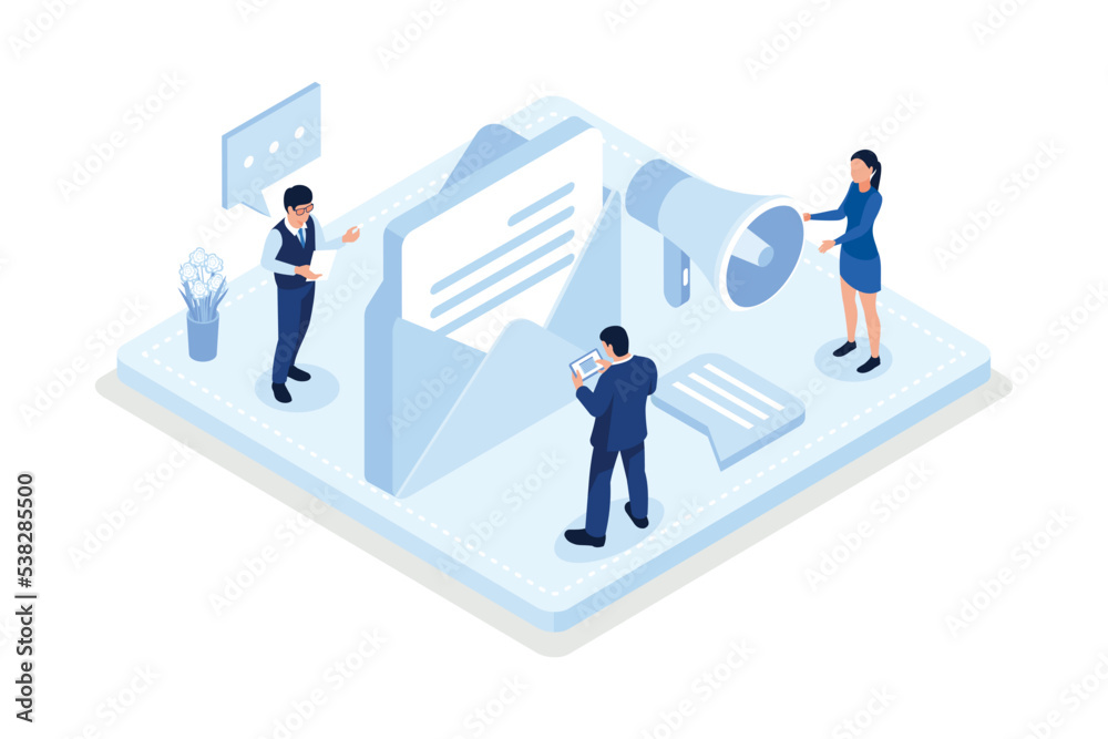 E-mail marketing and promotion, Characters sending advertising mails , isometric vector modern illustration E-mail marketing and promotion, Characters sending advertising mails , isometric vector modern illustration