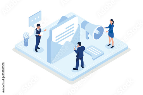 E-mail marketing and promotion, Characters sending advertising mails , isometric vector modern illustration