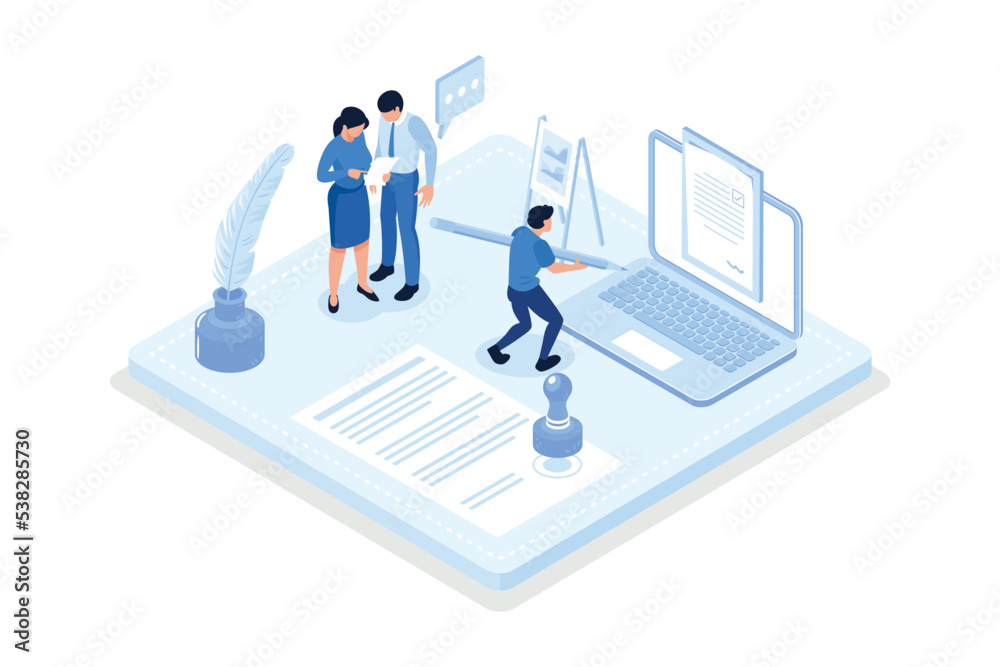 Contracts, People reading and signing contract terms and conditions, isometric vector modern illustration Contracts, People reading and signing contract terms and conditions, isometric vector modern illustration