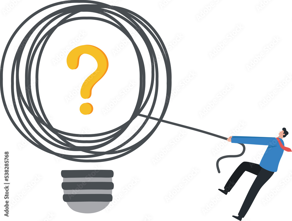 Question and answer, solving problem or business solution. Businessman pulling the rope trying to untie the tangled ropes tied with question marks. Question and answer, solving problem or business solution. Businessman pulling the rope trying to untie the tangled ropes tied with question marks.