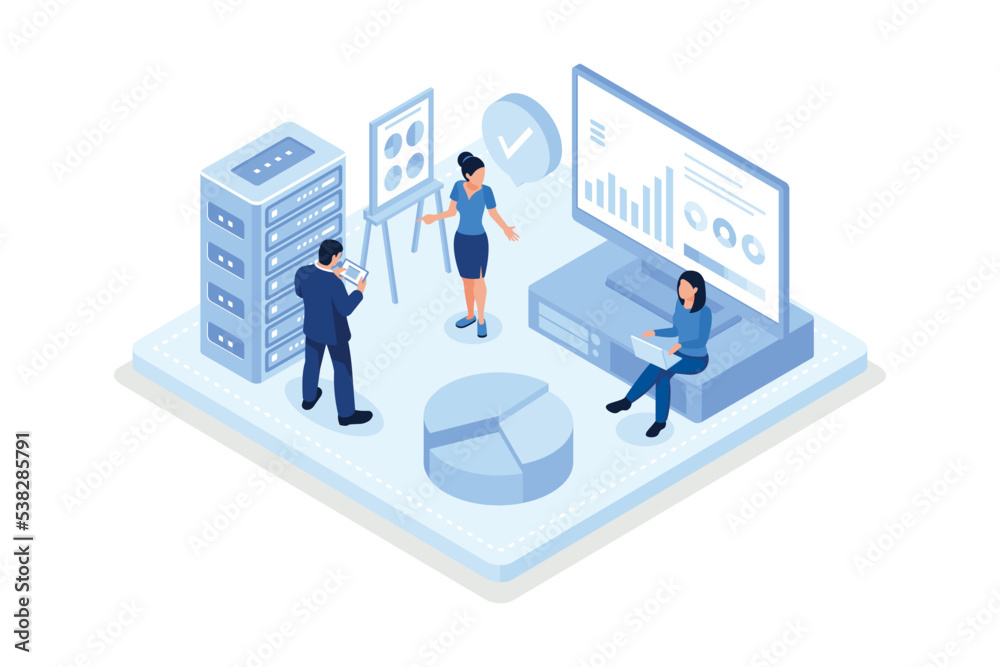 Business characters using remote servers to analyzing large sets of data and recognizing mistakes, isometric vector modern illustration Business characters using remote servers to analyzing large sets of data and recognizing mistakes, isometric vector modern illustration