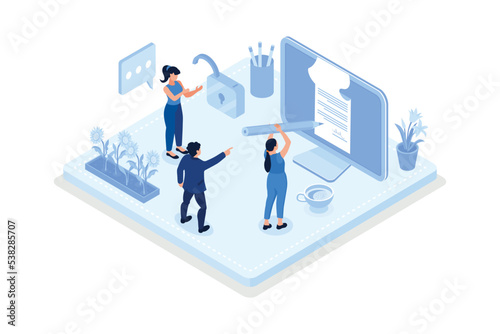 Contracts, Characters signing electronic contract or agreement online, isometric vector modern illustration
