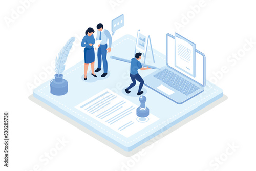 Contracts, People reading and signing contract terms and conditions, isometric vector modern illustration