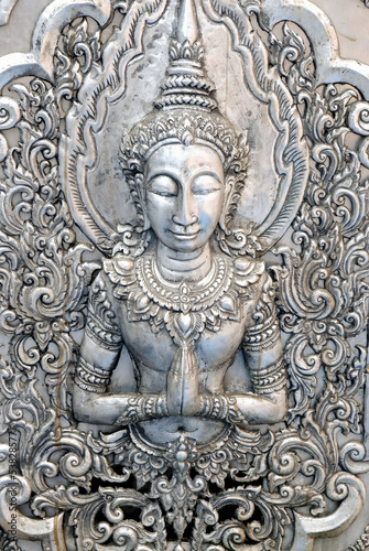 Thai style silver carving art on temple wall , Wat Srisuphan ,Chiang Mai, Thailand