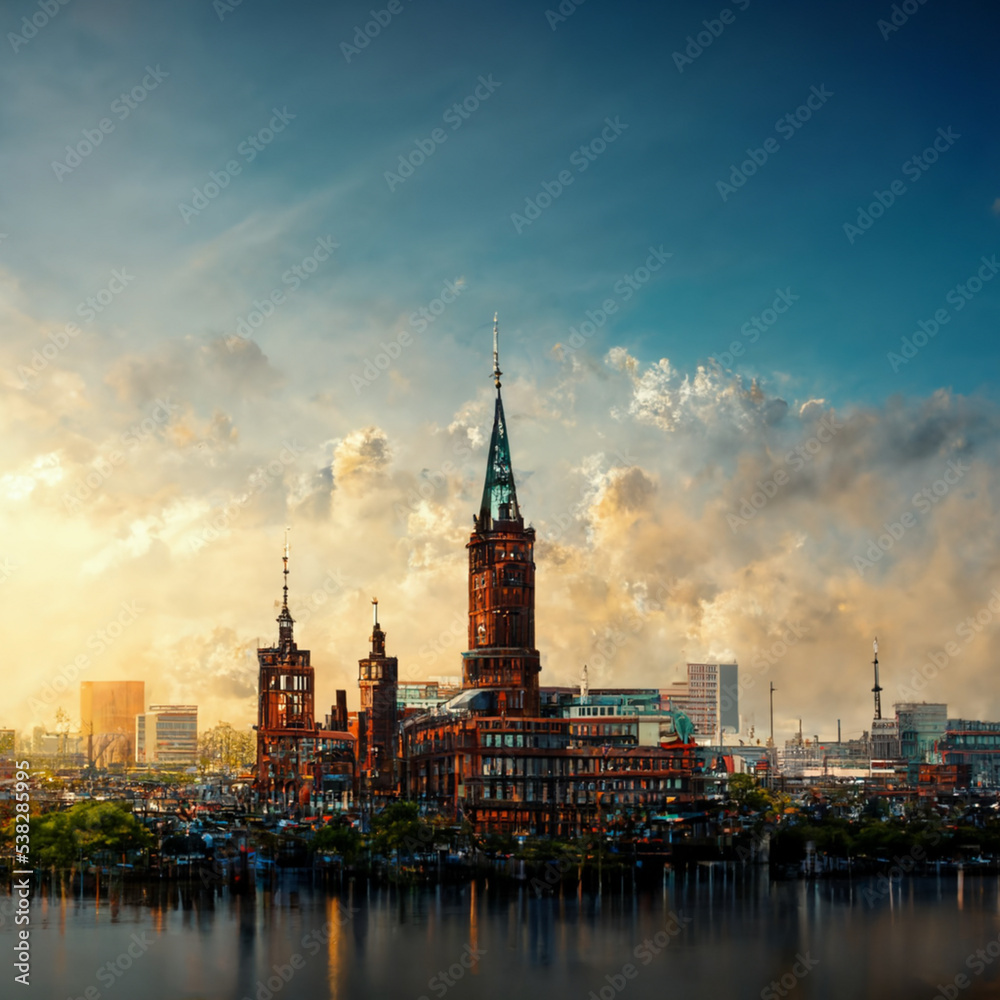 Fototapeta premium Illustration einer Hafenstadt bei Sonnenaufgang