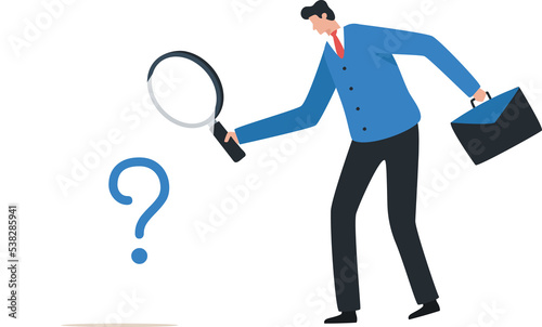 Find the answer. Analysis of problems and causes. Research and Leadership Skills. Business analyst using a magnifying glass to analyze question marks.
