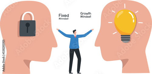 Comparison between fixed mindset vs growth mindset. learning, proving competence and success. Young man stood in the middle of two thoughts. photo