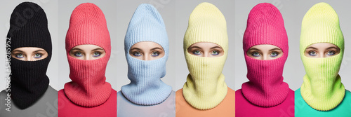 Fashion collage. beautiful girls in balaclava. Hat style