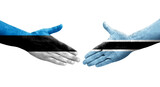 Handshake between Botswana and Estonia flags painted on hands, isolated transparent image.