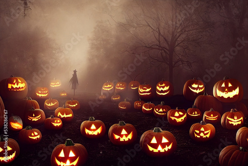halloween background with pumpkins at night 
