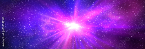 Fototapeta Naklejka Na Ścianę i Meble -  Burst of light in space. Night starry sky and bright purple blue galaxy, horizontal background banner