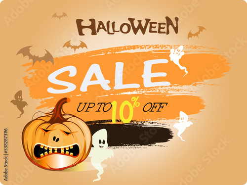 Halloween Sale concept banners, with Halloween pumpkins ghost, Halloween Sale Poster Design with 10% Discount Offer.