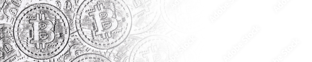 Banner artistic collage with Bitcoins  in a chaotic mess. Graphite pencil on paper. Black and white version. Raster image, isolated on white. Oh, money collection
