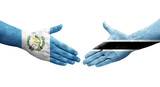 Handshake between Botswana and Guatemala flags painted on hands, isolated transparent image.