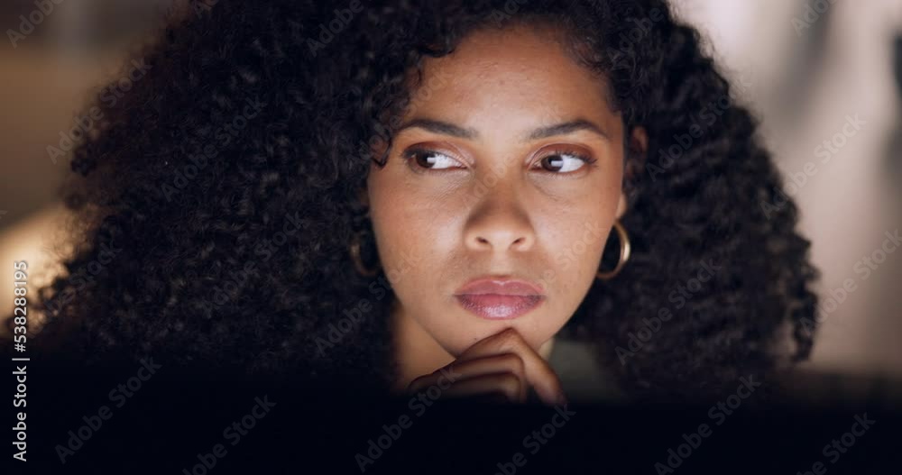 Working, business and confused woman thinking on ideas, strategy and solutions for a startup company at night. Challenge, concentration and thoughtful entrepreneur with a difficult or tough decision Working, business and confused woman thinking on ideas, strategy and solutions for a startup company at night. Challenge, concentration and thoughtful entrepreneur with a difficult or tough decision