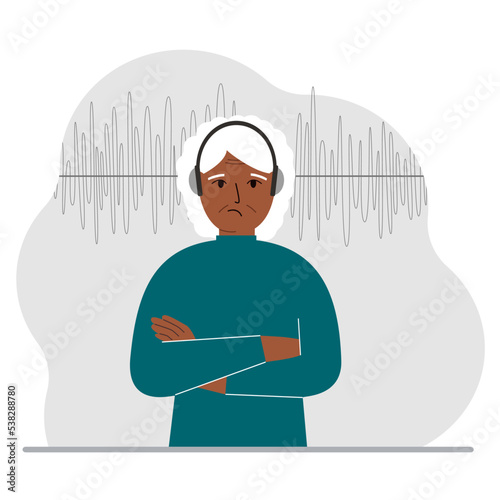 Old woman in headphones and a sound track. Concept of online podcast, radio, online books, online learning and music.