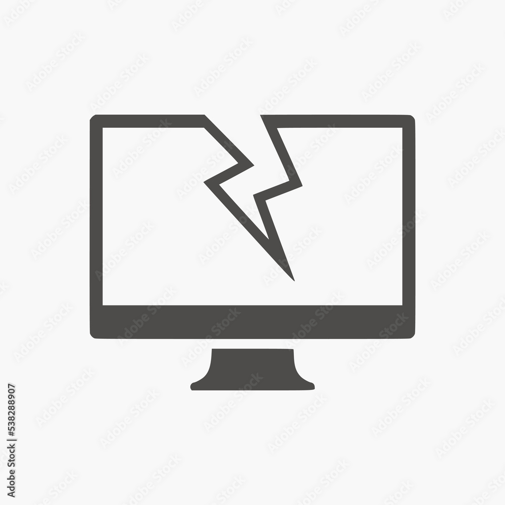 Computer monitor broken icon vector isolated. Broken computer, broken pc icon. Broken monitor, screen vector illustration on white background. 