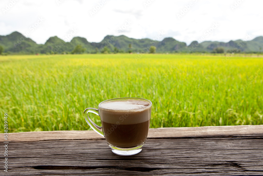 Coffee on the rice fields background. Beautiful Nature in Kanchanaburi, Thailand. Coffee with a View.