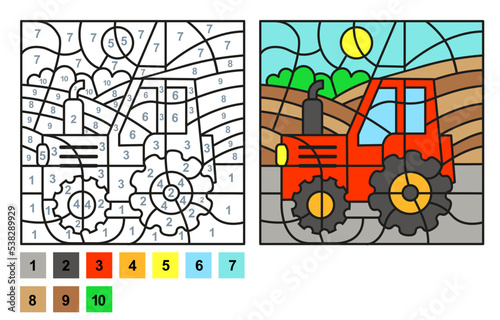 Vector coloring page for children education and activities. Puzzle game color by number tractor