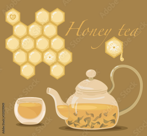 Tea collection with honeycombs. A transparent teapot with tea leaves, and a transparent cup of tea. Vector illustration cartoon flat icon composition isolated on dark yellow background.