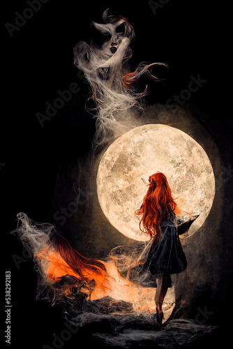 Red haired witch casting spells at halloween.