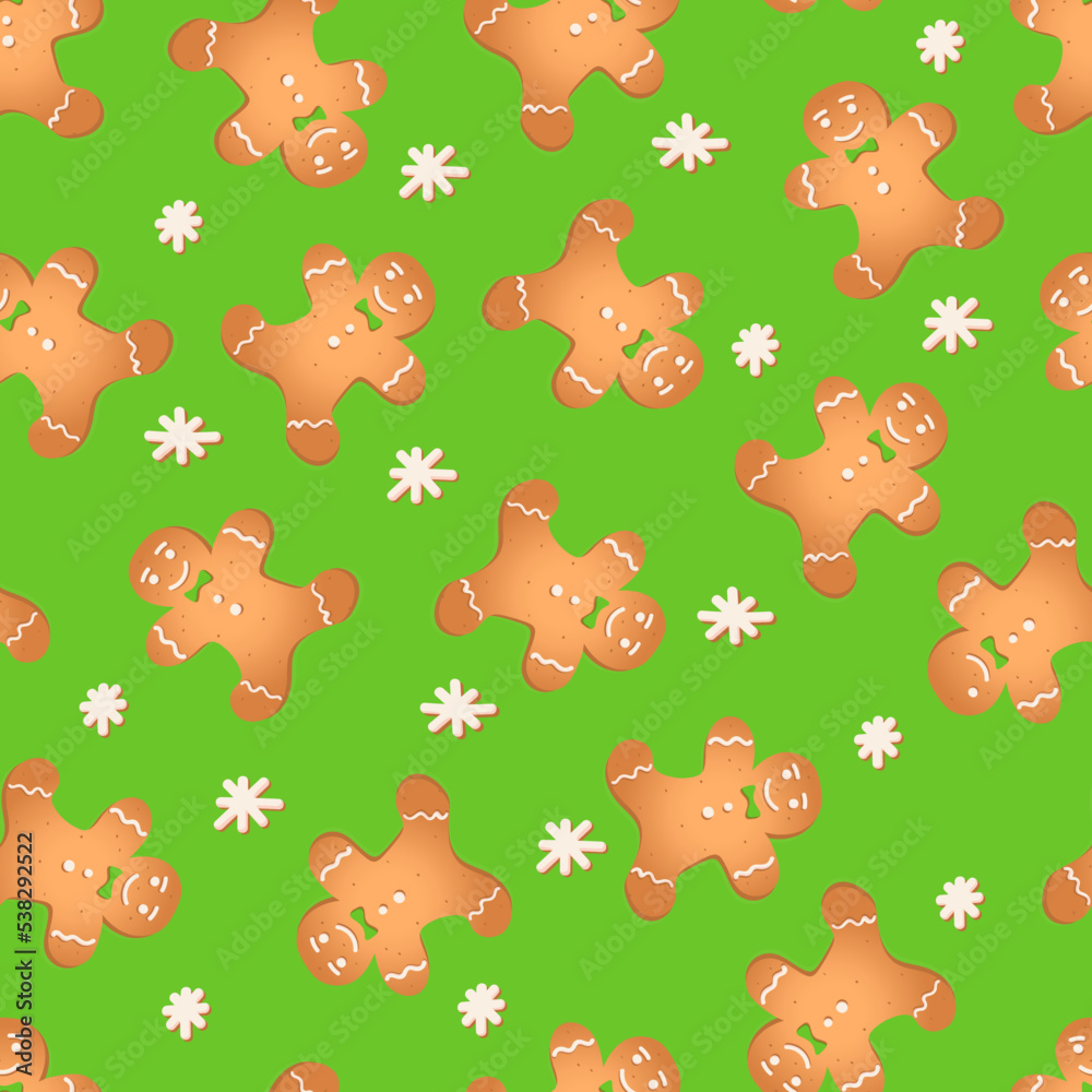 Seamless pattern with ginger cookies on a green background. Gingerbread man,