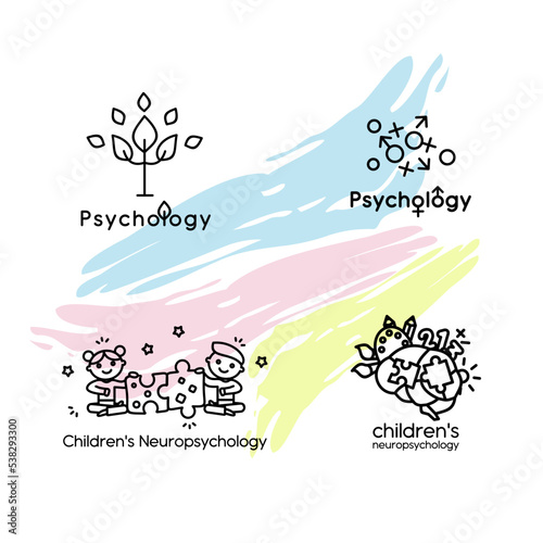 Set of vector logos of psychology. Letter psi. Tree with leaves on a colored background. Brain, thoughts, psychology, psychiatry. Children's neuropsychology. Features of development. Personality.