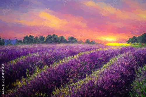Beautiful purple lavender field at sunset. Painting effect. © jozefklopacka