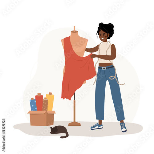African woman seamstress at mannequin takes measurements. Young female tailor create clothes in studio. Fashion designer or dressmaker. Vector illustration in flat cartoon style. Hobby concept.