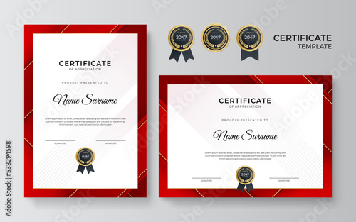 Modern red and gold certificate template design for business and achievement award with gold badge