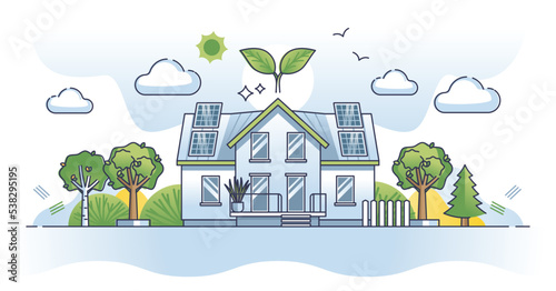 Eco houses using sustainable and nature friendly resources outline concept. Green energy consumption with solar panels for electricity, insulation and sunlight usage for power vector illustration.