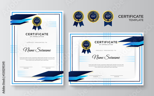Modern blue and gold certificate template design for business and achievement award with gold badge