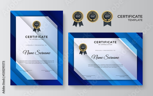 Modern blue and gold certificate template design for business and achievement award with gold badge