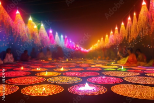 beautiful diwali lamp at night, illuminated with lights and lit diya lamps
