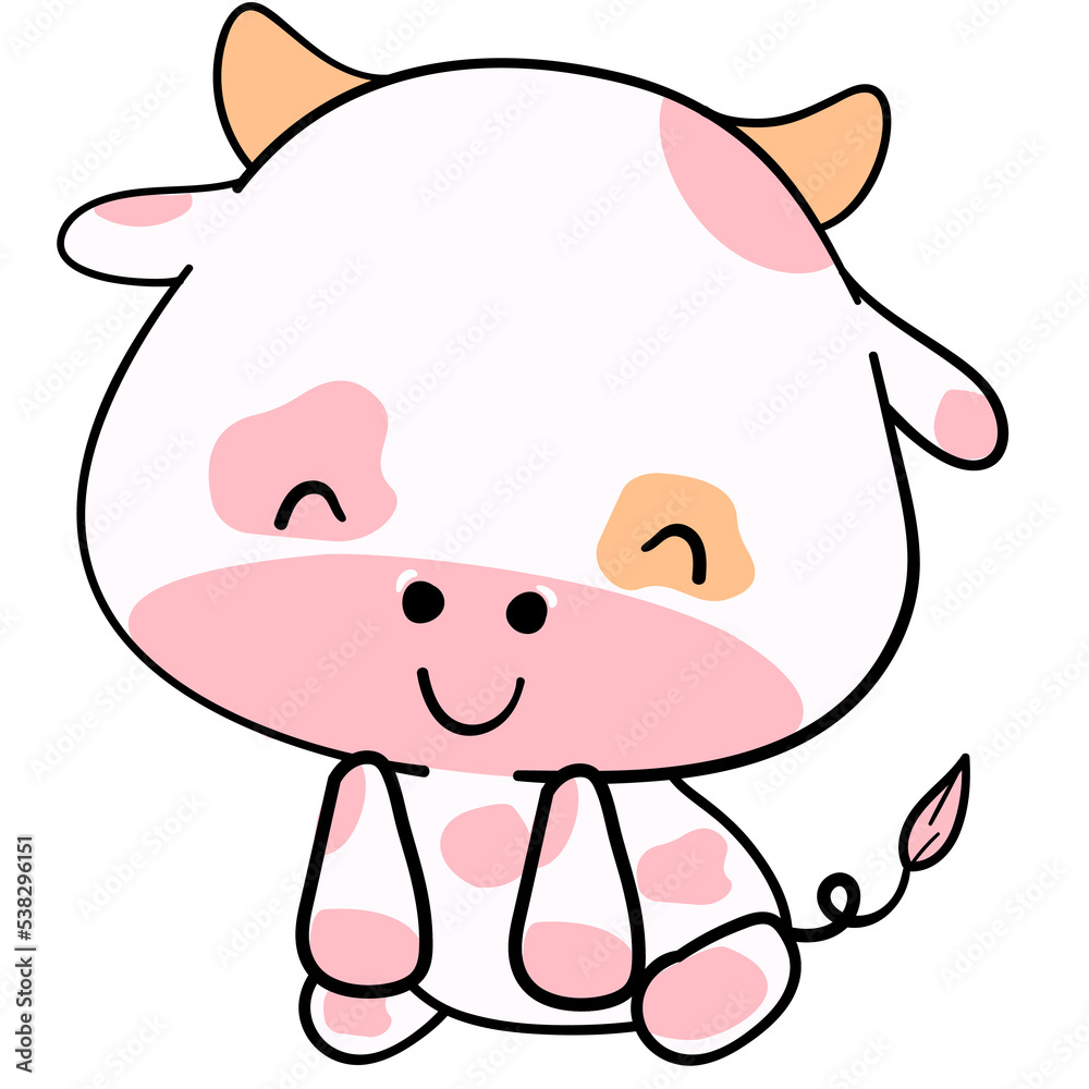 Cute doodle pink cow poses baby shower with nursery cow face smiling, wink one eye, close eye