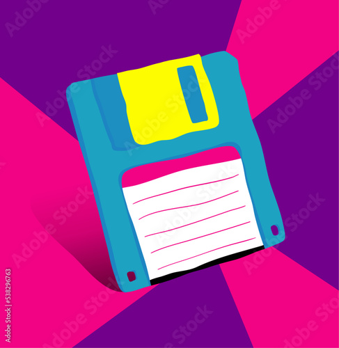 Fully editable hand drawn vector graphic of 1.44" floppy disk stylized for 80's od 90's - vintage, retro image.