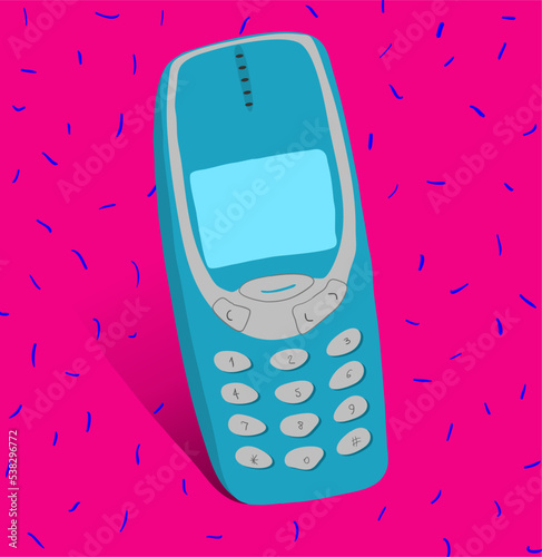 Fully editable hand drawn vector graphic of Nokia 3310 mobile phone stylized for 80's od 90's - vintage, retro image. photo