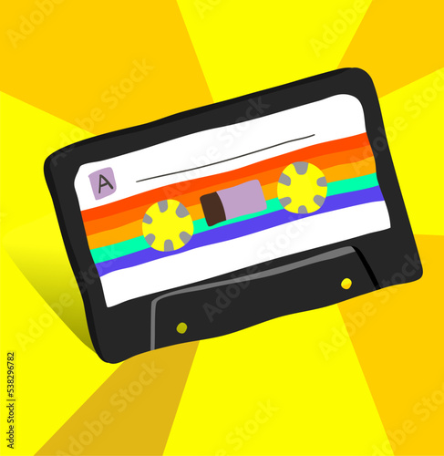 Fully editable hand drawn vector graphic of cassette tape stylized for 80's od 90's - vintage, retro image.