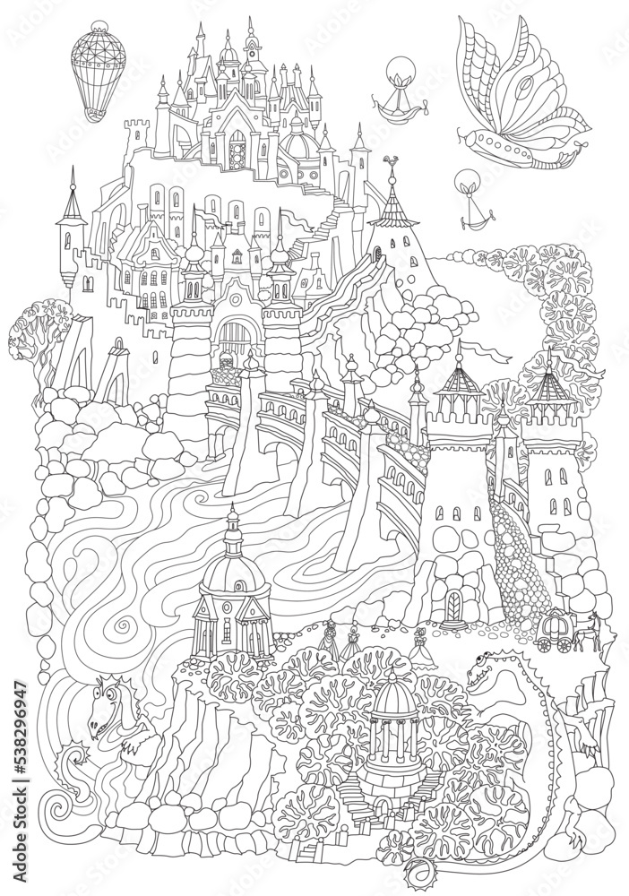 Fairy tale castle on a hill, fantasy aerostat, river, stone arch bridge and funny dragons, horse carriage. Сhildren and adults сoloring book page
