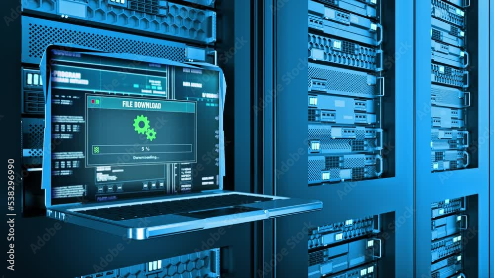 Downloading Files Download Failed Warning Error Alert Text on Computer Screen Entering Login And Password on server racks data center room Internet. concept of Security Audit, Virus Scanning, Cleaning