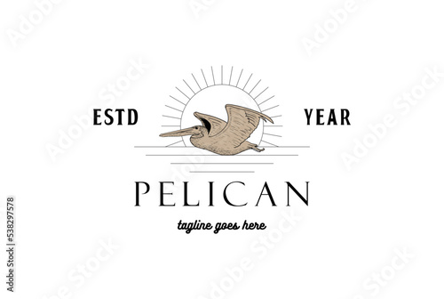 Vintage Sunset Flying Pelican Bird Logo Design Vector