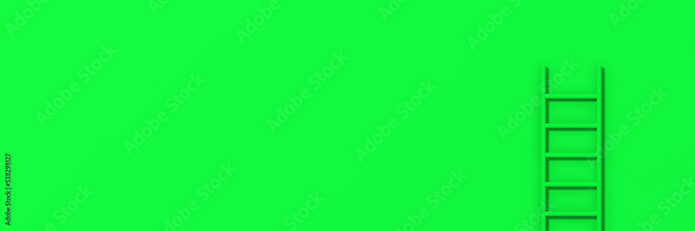 Green staircase on green background. Staircase stands vertically near wall. Way to success concept. Banner for insertion into site. Place for text cope space. 3d image. 3D rendering. Green staircase on green background. Staircase stands vertically near wall. Way to success concept. Banner for insertion into site. Place for text cope space. 3d image. 3D rendering.