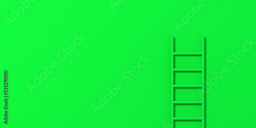 Green staircase on green background. Staircase stands vertically near wall. Way to success concept. Banner for insertion into site. Place for text cope space. 3d image. 3D rendering.