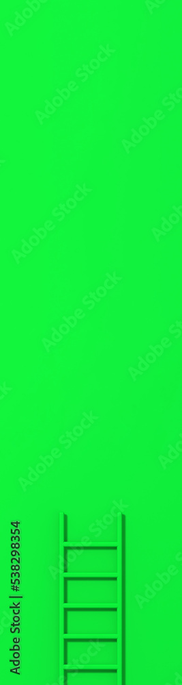 Green staircase on green background. Staircase stands vertically near wall. Way to success concept. Vertical banner for insertion into site. Place for text cope space. 3d image. 3D rendering. Green staircase on green background. Staircase stands vertically near wall. Way to success concept. Vertical banner for insertion into site. Place for text cope space. 3d image. 3D rendering.