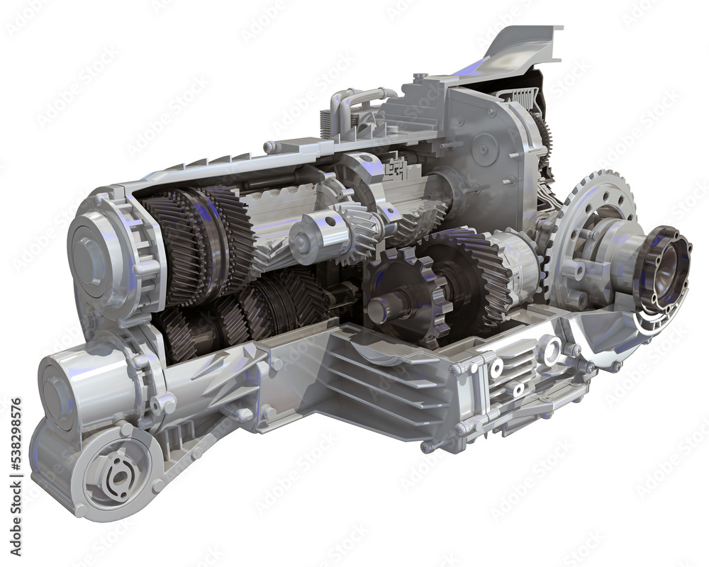 Car Transmission Cutaway 3D rendering on white background Car Transmission Cutaway 3D rendering on white background