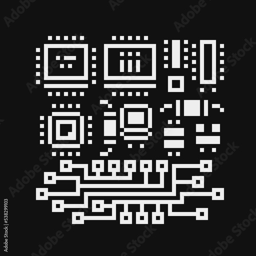 Microchip, pixel art icons. Central processing unit, system code. Computer technologies, CPU, artificial intelligence, programming and server. 1-bit. Isolated vector illustration.